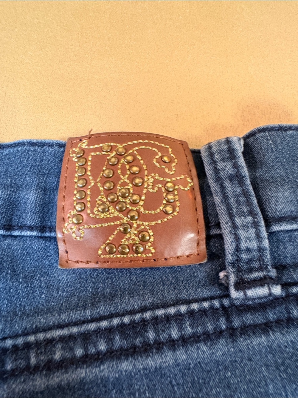 Studded Diane Gilman Leather Patch Blue Denim Jeans